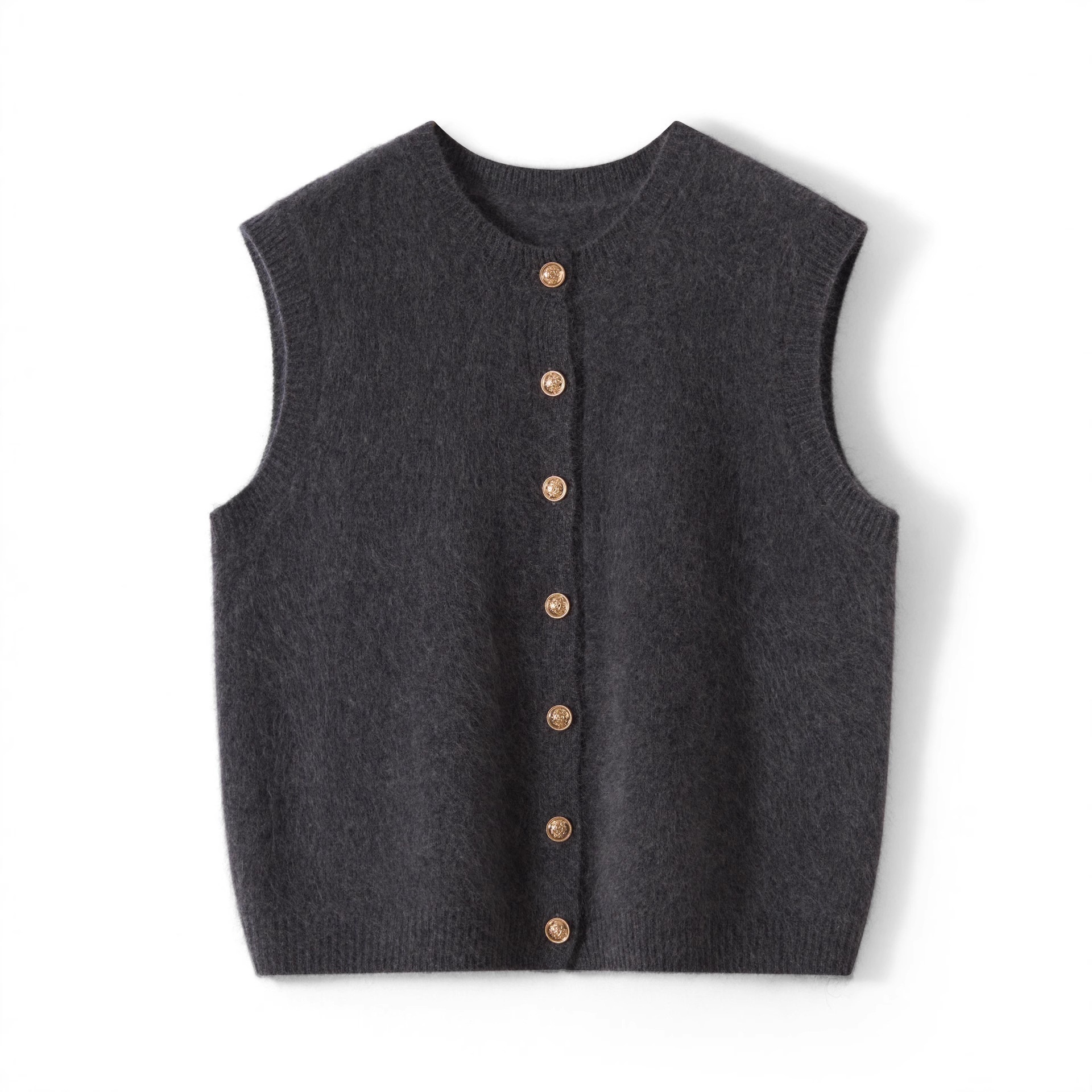 Aria Basics Modieus vest met ronde hals, mouwloos gebreid wollen vest voor dames, losse trui van geborsteld kasjmier in snoepkleuren_voghion.com