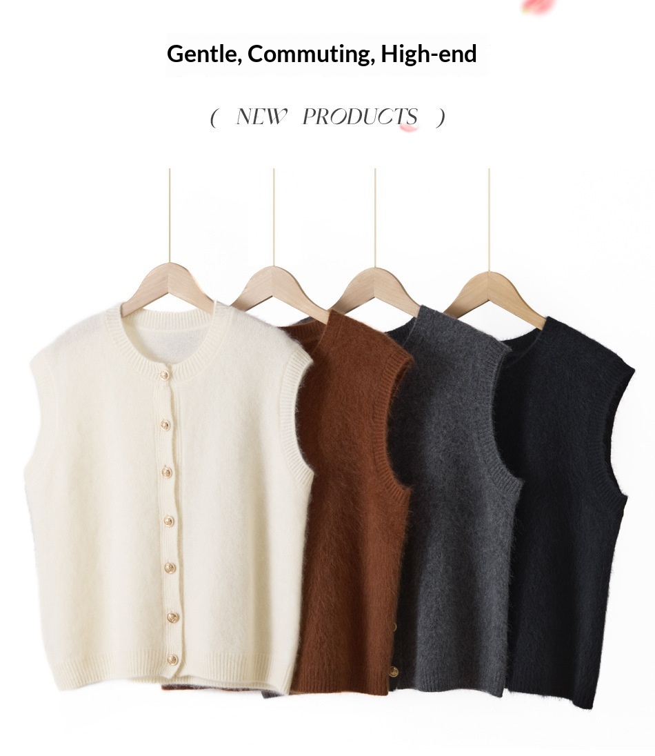 Aria Basics Modieus vest met ronde hals, mouwloos gebreid wollen vest voor dames, losse trui van geborsteld kasjmier in snoepkleuren_voghion.com