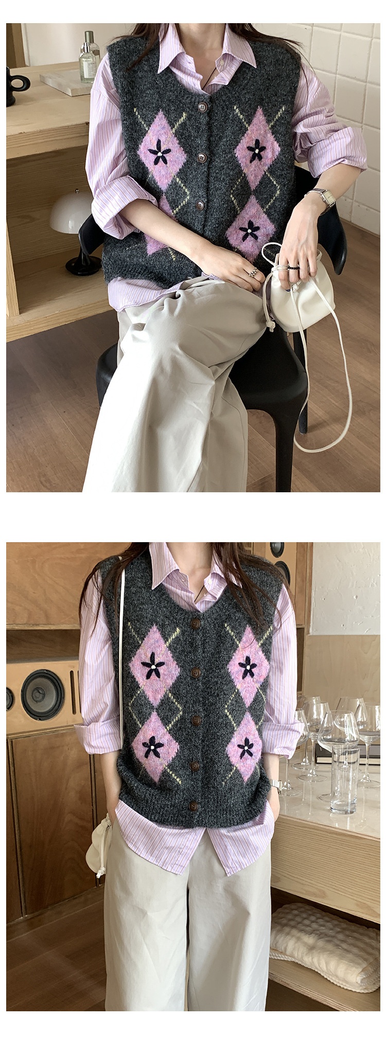 Colete de malha acolchoado vintage Aria Basics para mulheres, outono de 2025, novo estilo coreano, suéter cardigã solto sem mangas._voghion.com