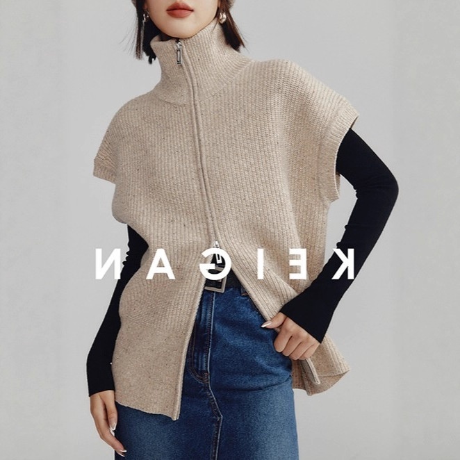 Aria Basics Layering King: Italian Air-shipped Silk-wool Mixed Yarn Double-zipper Loose-fitting High-neck Knitted Vest_voghion.com
