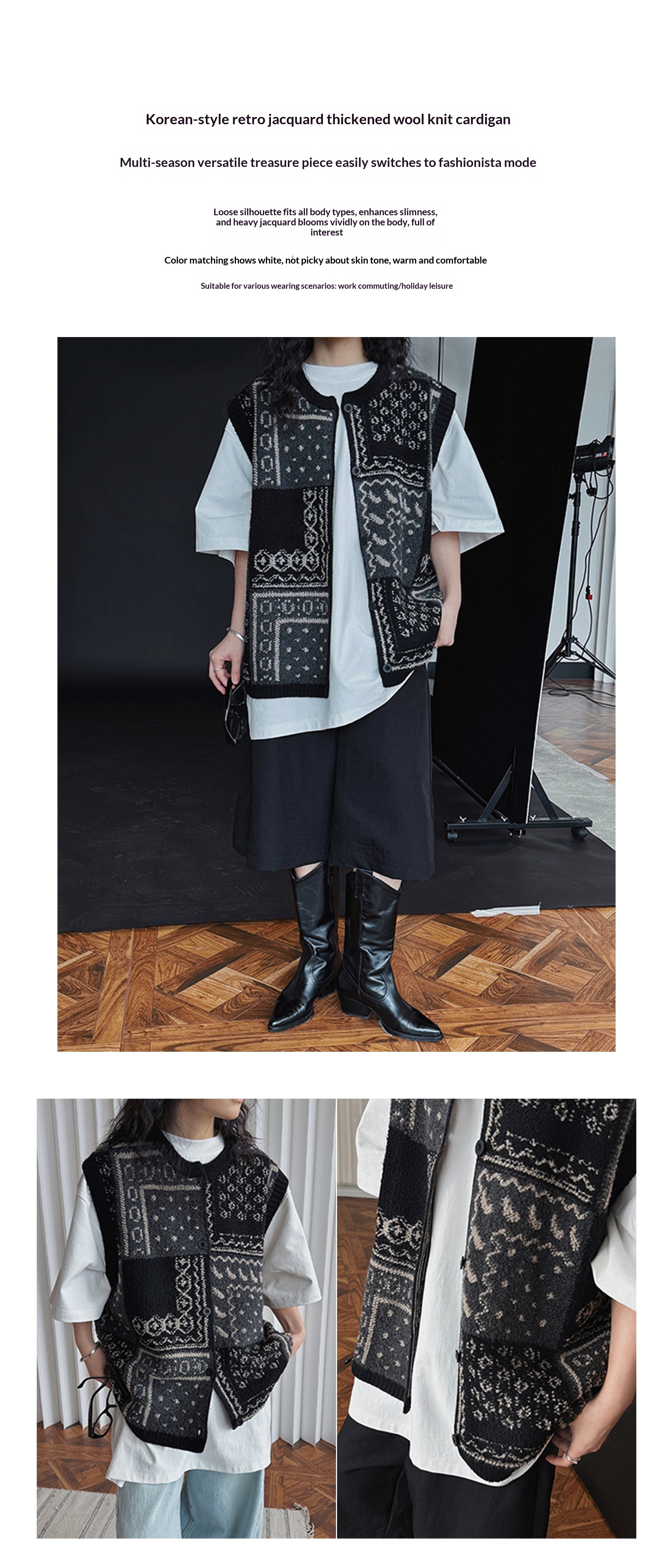 Chaleco de punto jacquard estilo retro para mujer corte oversize_voghion.com