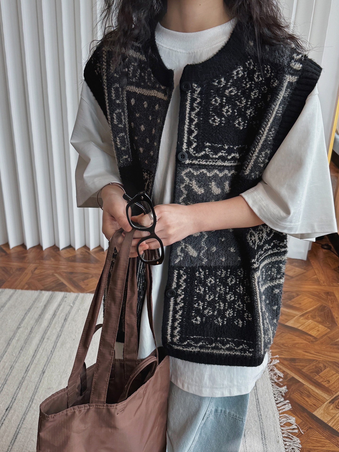 Chaleco de punto jacquard estilo retro para mujer corte oversize_voghion.com