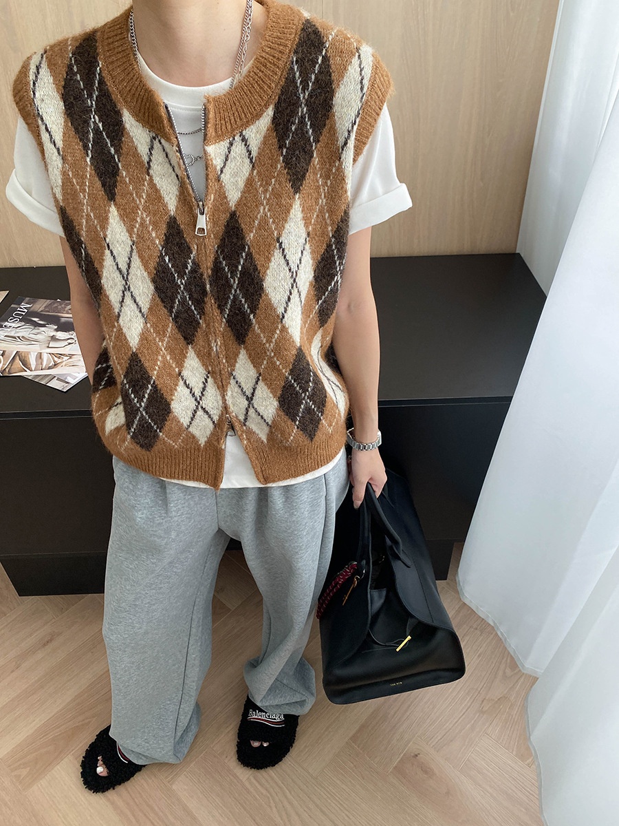 Aria Basics Sinan Vintage Design College Style Color-Block Diamond Pattern Round Neck Double Zipper Knitted Vest SN7857_voghion.com
