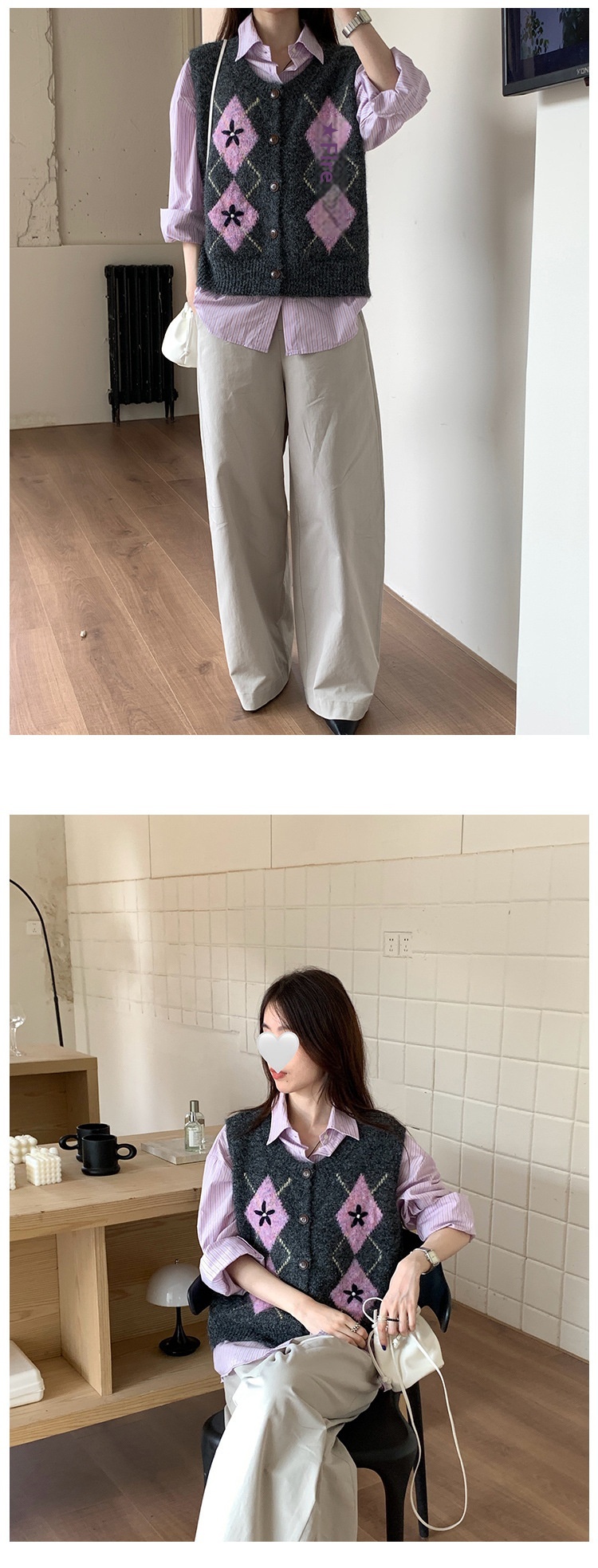Colete de malha acolchoado vintage Aria Basics para mulheres, outono de 2025, novo estilo coreano, suéter cardigã solto sem mangas._voghion.com