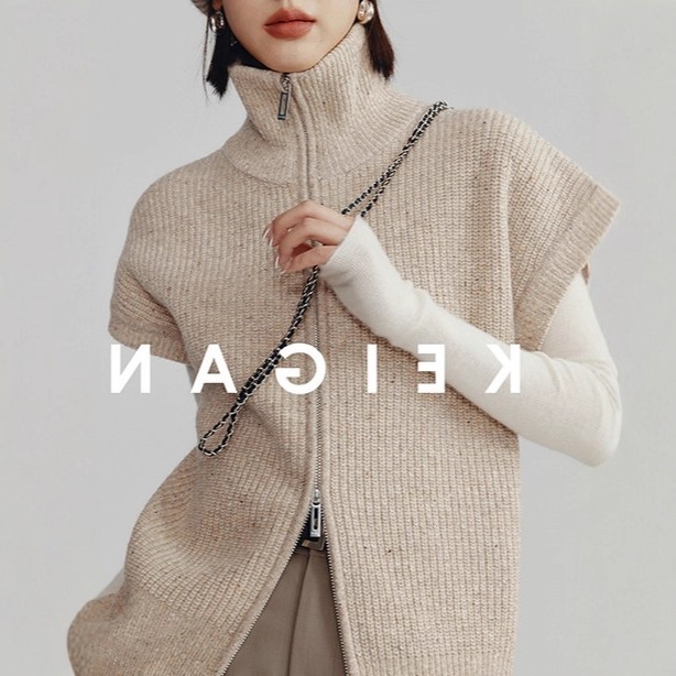 Aria Basics Layering King: Italian Air-shipped Silk-wool Mixed Yarn Double-zipper Loose-fitting High-neck Knitted Vest_voghion.com