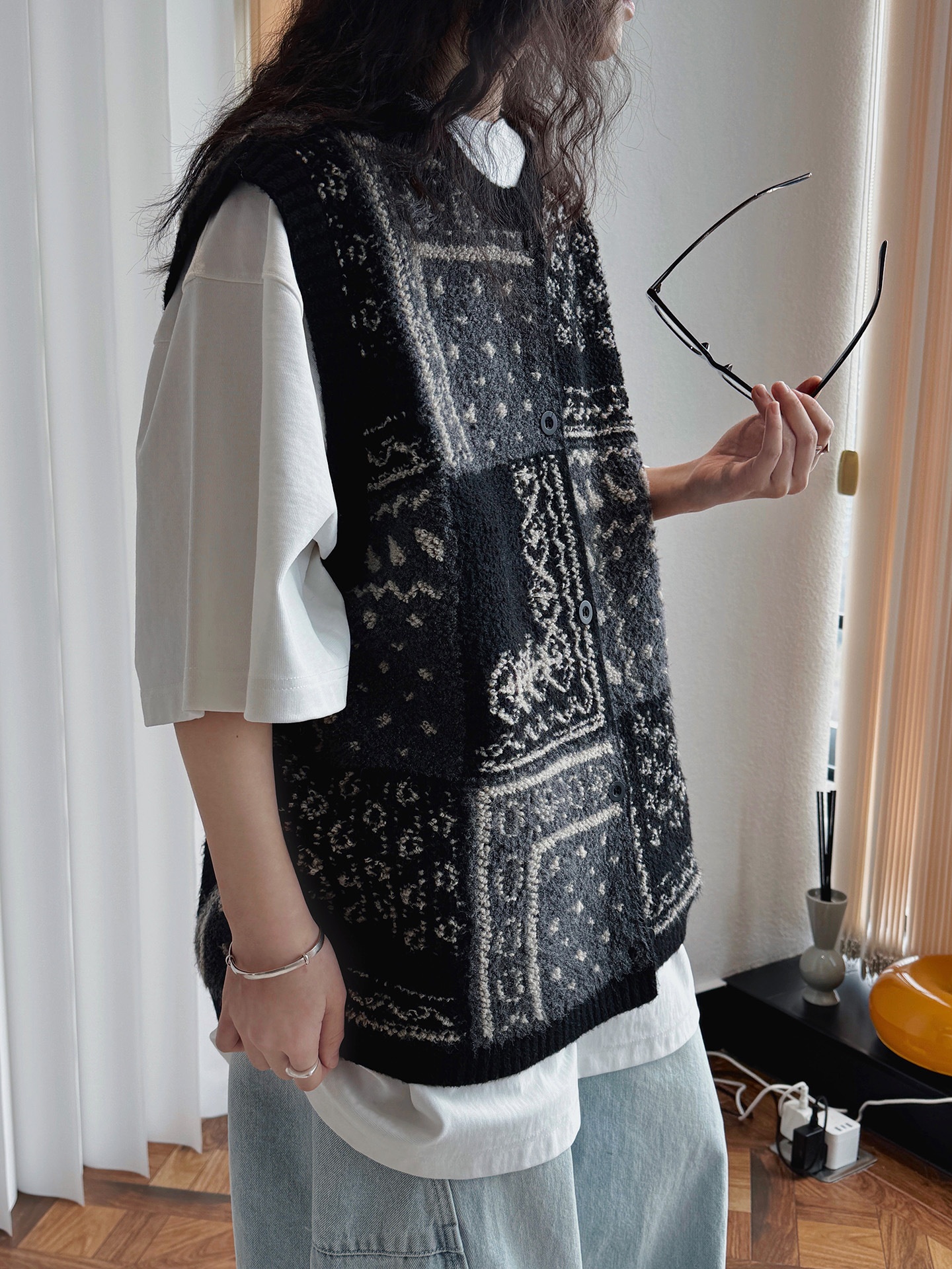 Chaleco de punto jacquard estilo retro para mujer corte oversize_voghion.com