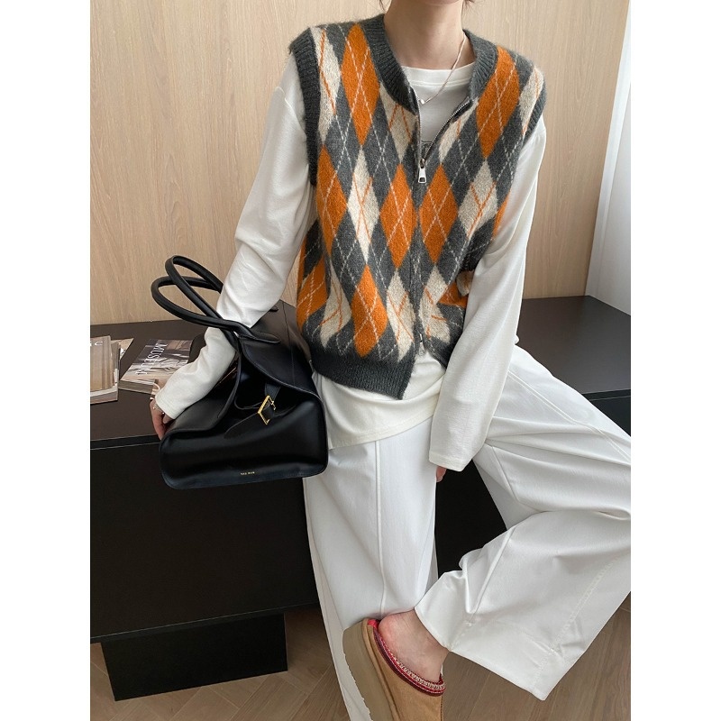 Aria Basics Sinan Vintage Design College Style Color-Block Diamond Pattern Round Neck Double Zipper Knitted Vest SN7857_voghion.com