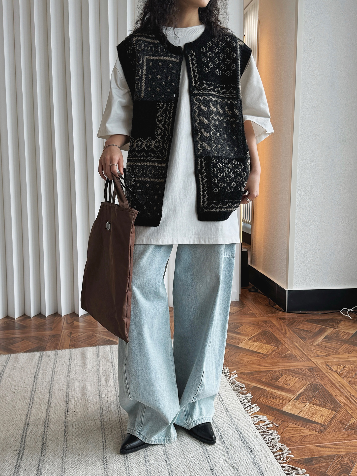 Chaleco de punto jacquard estilo retro para mujer corte oversize_voghion.com