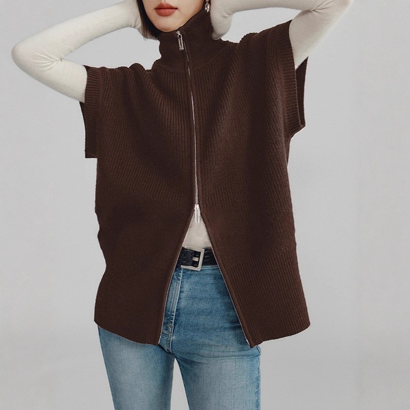 Aria Basics Layering King: Italian Air-shipped Silk-wool Mixed Yarn Double-zipper Loose-fitting High-neck Knitted Vest_voghion.com