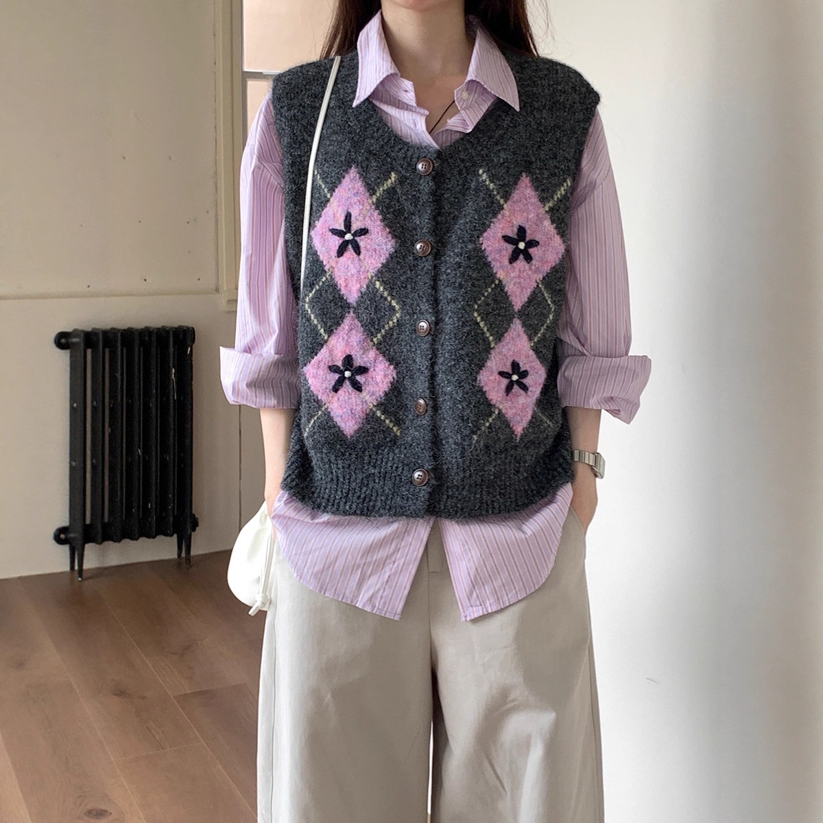 Aria Basics Vintage Quilted Knitted Vest For Women, Autumn 2025 New Korean Style Loose Sleeveless Sweater Cardigan Top_voghion.com