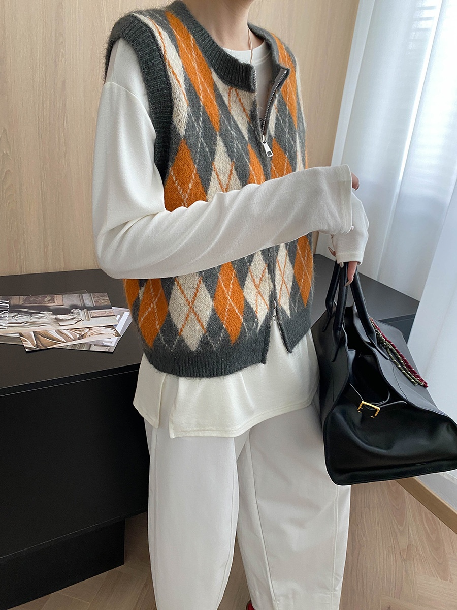 Aria Basics Sinan Vintage Design College Style Color-Block Diamond Pattern Round Neck Double Zipper Knitted Vest SN7857_voghion.com