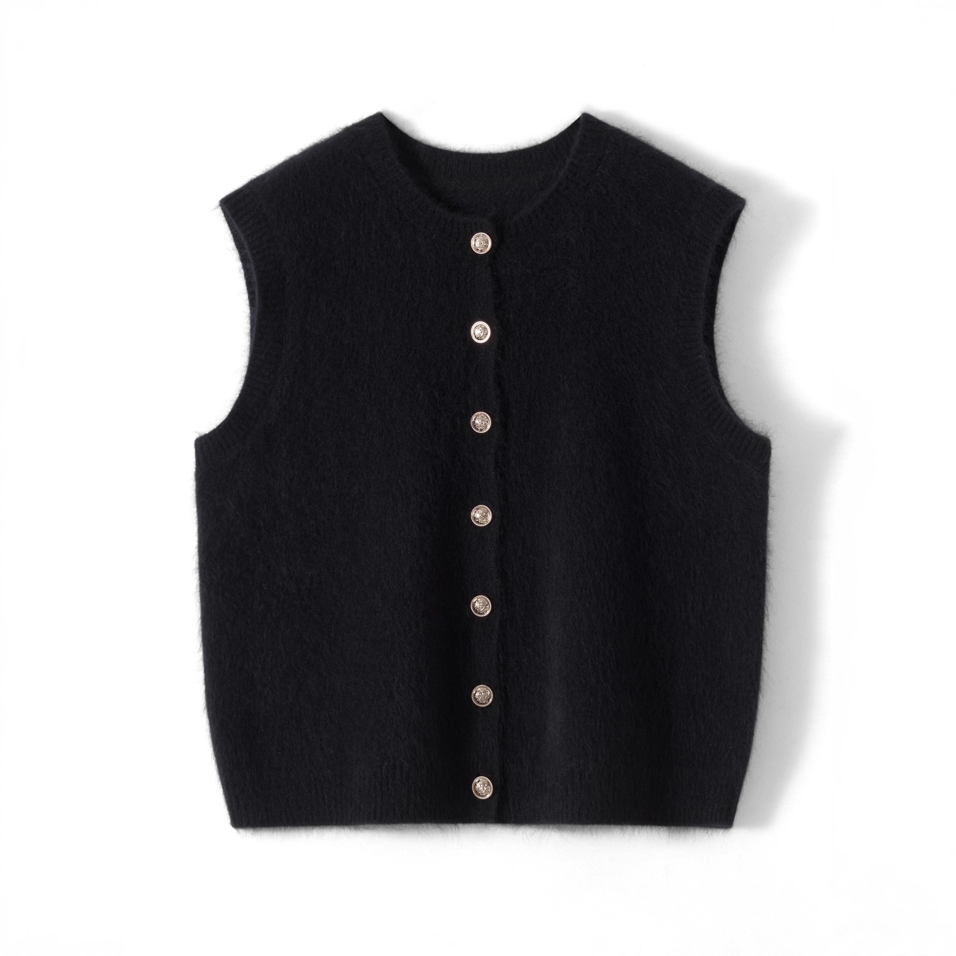 Aria Basics Modieus vest met ronde hals, mouwloos gebreid wollen vest voor dames, losse trui van geborsteld kasjmier in snoepkleuren_voghion.com