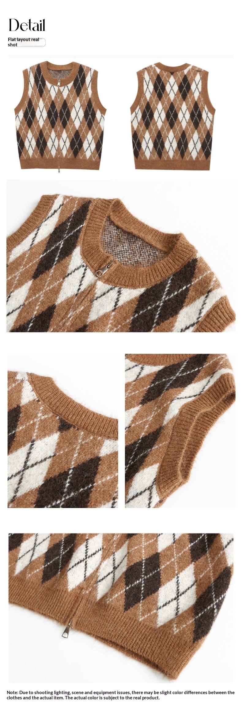 Aria Basics Sinan Vintage Design College Style Color-Block Diamond Pattern Round Neck Double Zipper Knitted Vest SN7857_voghion.com