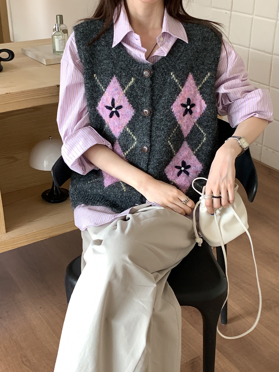 Aria Basics Vintage Quilted Knitted Vest For Women, Autumn 2025 New Korean Style Loose Sleeveless Sweater Cardigan Top_voghion.com