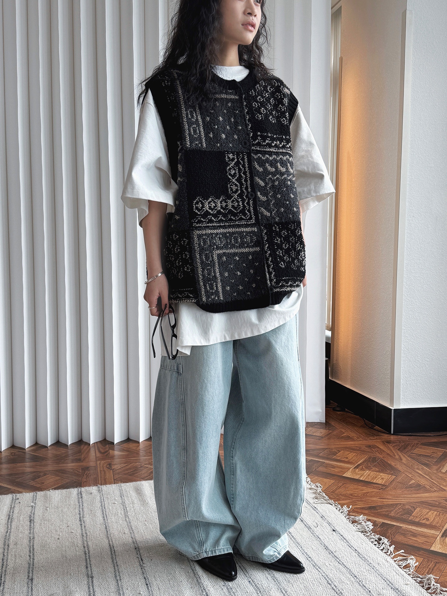 Chaleco de punto jacquard estilo retro para mujer corte oversize_voghion.com