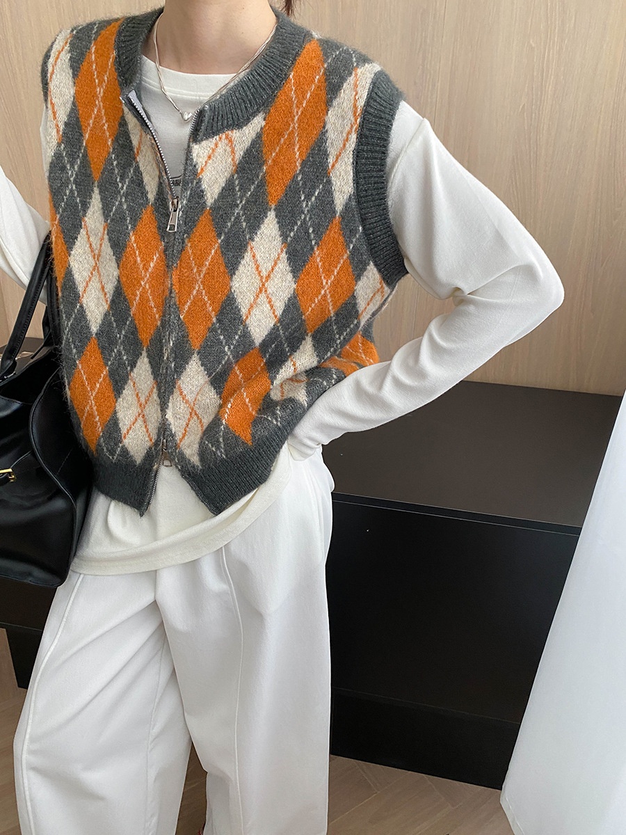 Aria Basics Sinan Vintage Design College Style Color-Block Diamond Pattern Round Neck Double Zipper Knitted Vest SN7857_voghion.com
