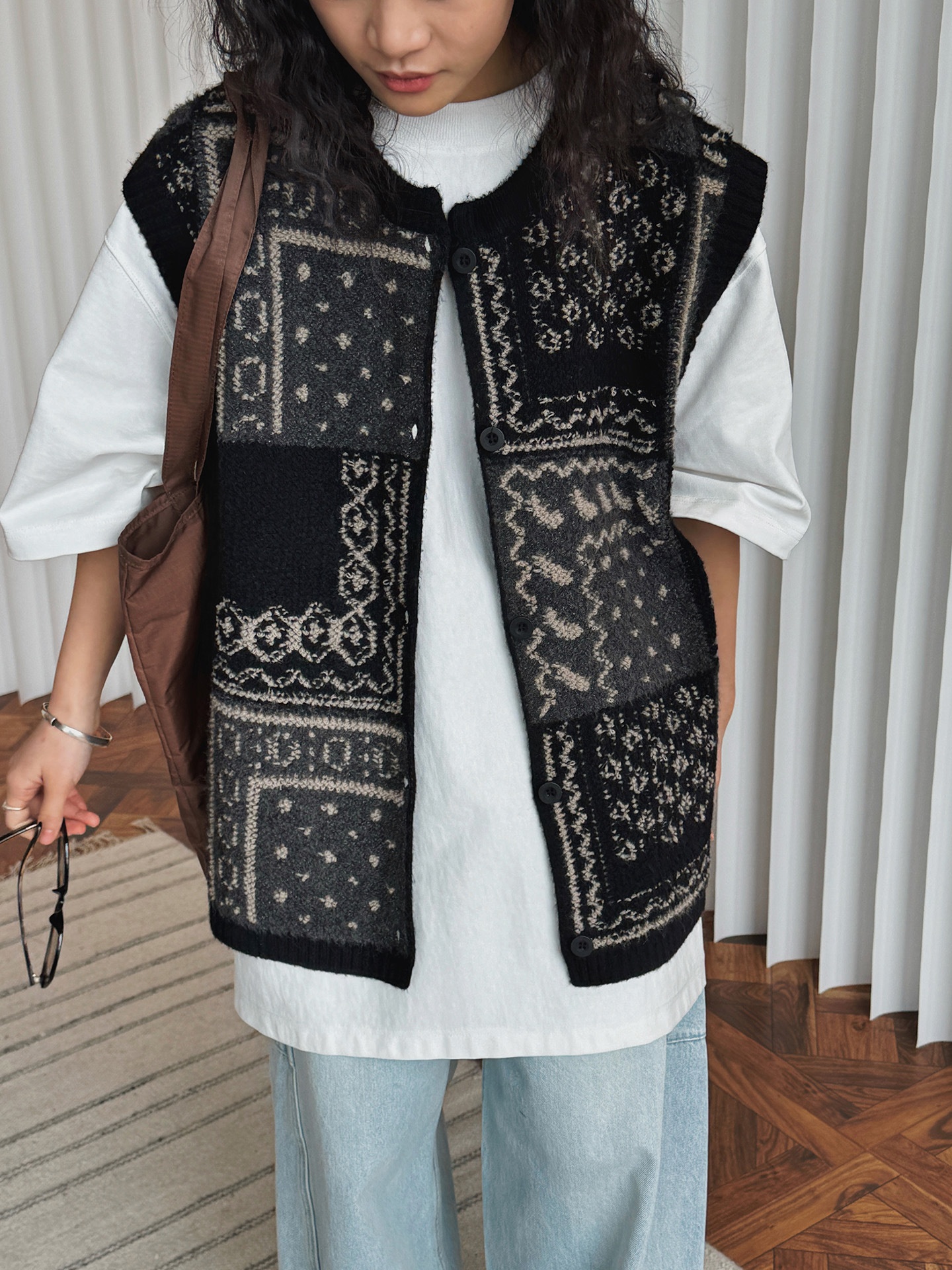 Chaleco de punto jacquard estilo retro para mujer corte oversize_voghion.com