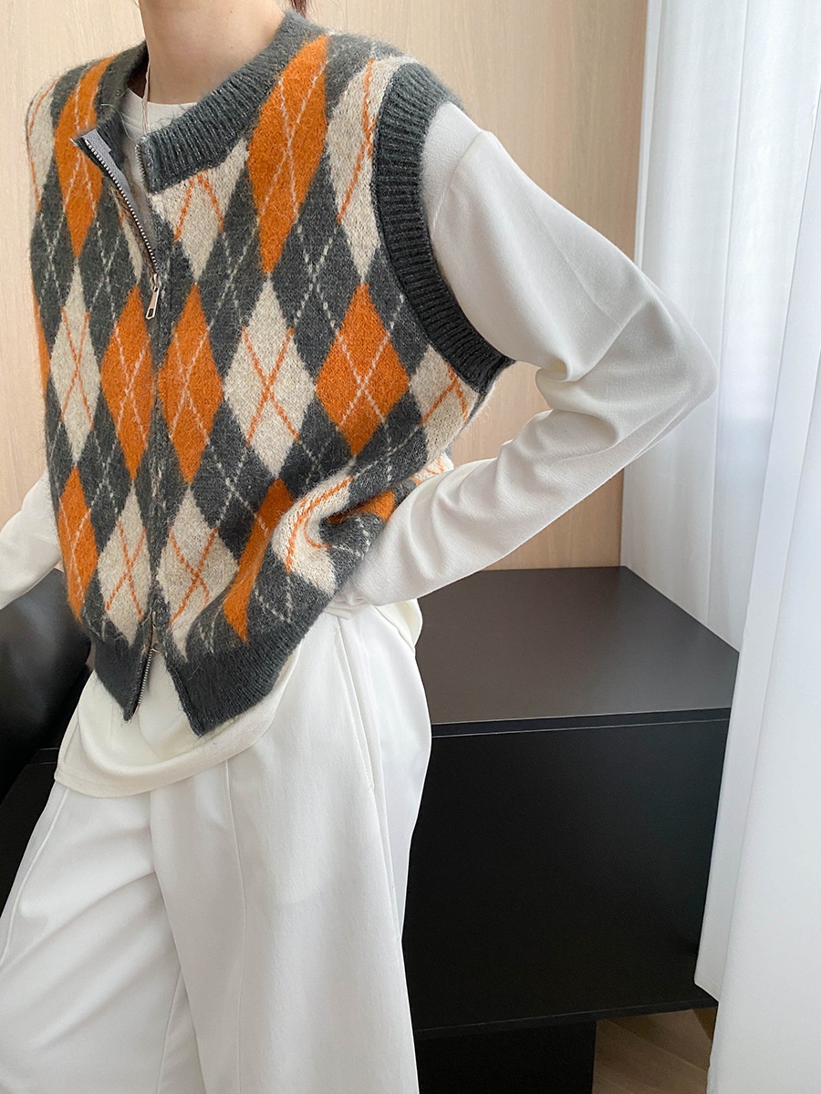 Aria Basics Sinan Vintage Design College Style Color-Block Diamond Pattern Round Neck Double Zipper Knitted Vest SN7857_voghion.com