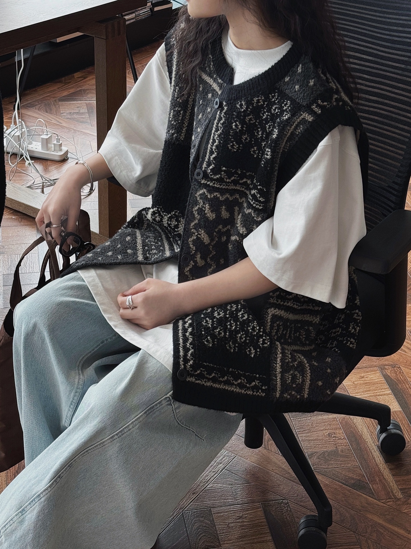 Chaleco de punto jacquard estilo retro para mujer corte oversize_voghion.com