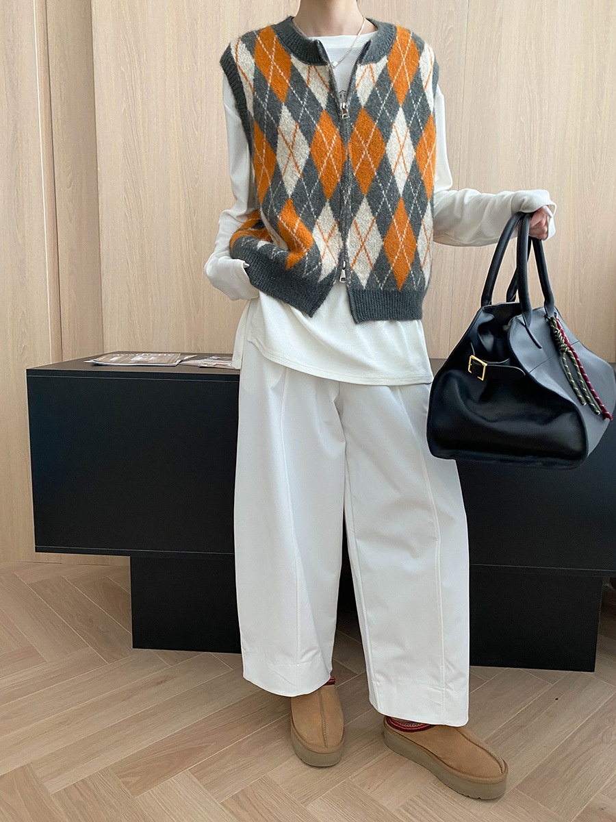 Aria Basics Sinan Vintage Design College Style Color-Block Diamond Pattern Round Neck Double Zipper Knitted Vest SN7857_voghion.com