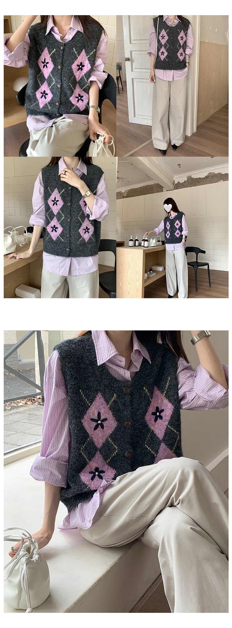 Colete de malha acolchoado vintage Aria Basics para mulheres, outono de 2025, novo estilo coreano, suéter cardigã solto sem mangas._voghion.com