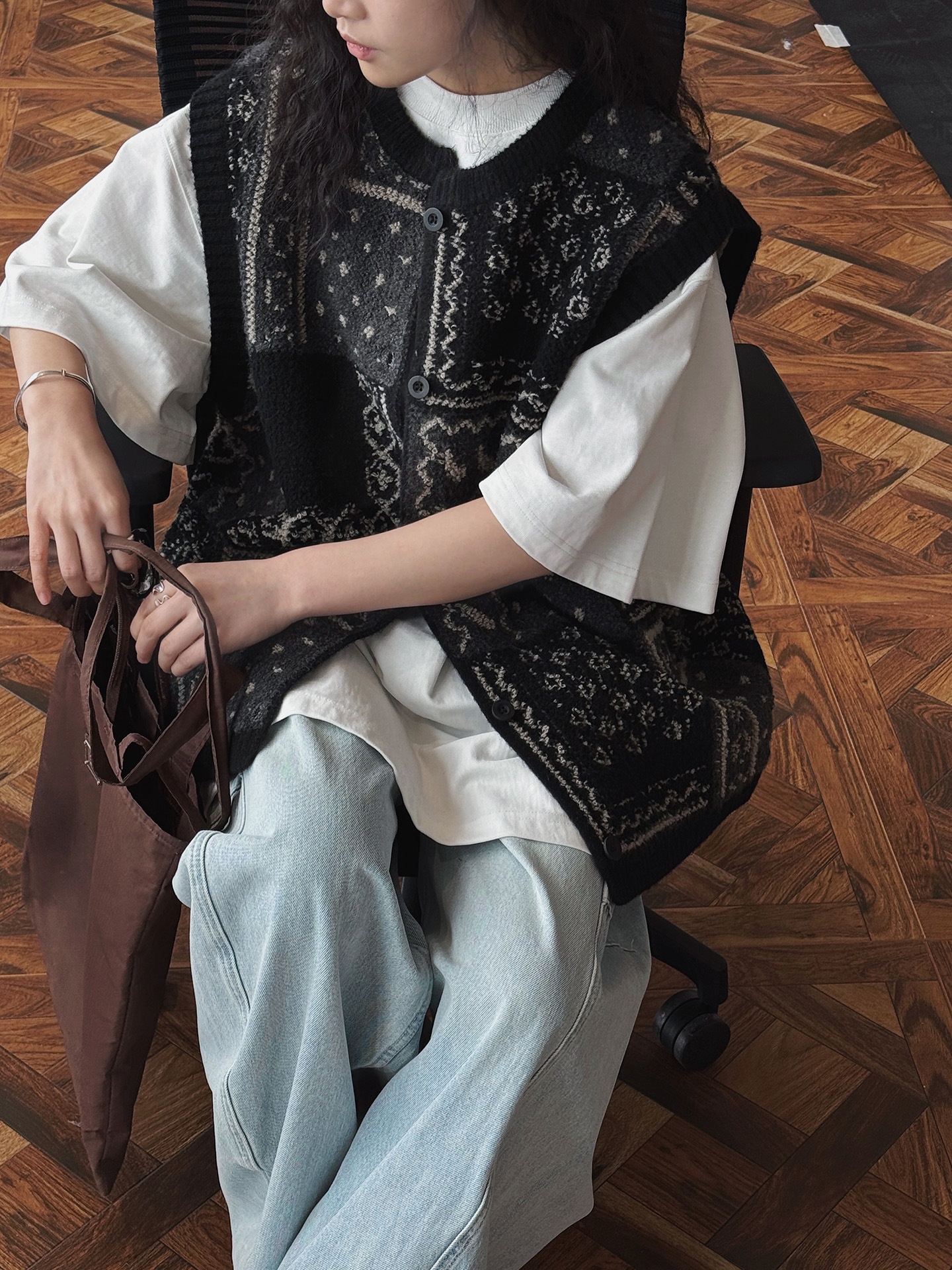 Chaleco de punto jacquard estilo retro para mujer corte oversize_voghion.com