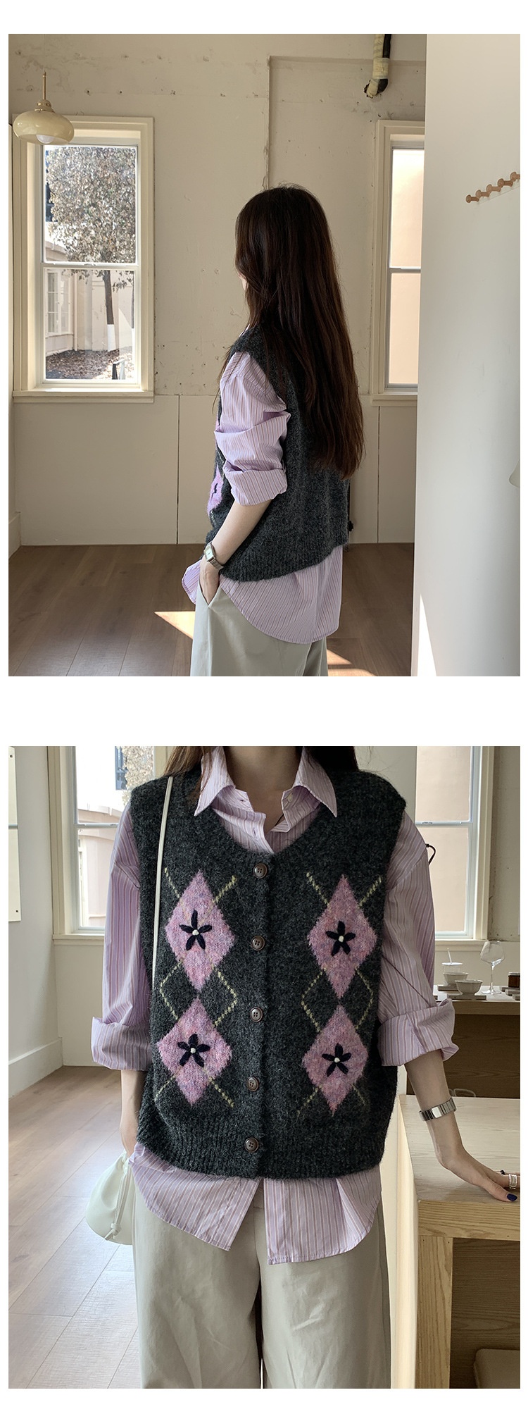 Colete de malha acolchoado vintage Aria Basics para mulheres, outono de 2025, novo estilo coreano, suéter cardigã solto sem mangas._voghion.com