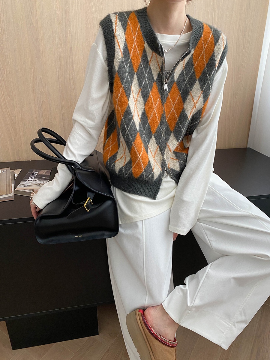 Aria Basics Sinan Vintage Design College Style Color-Block Diamond Pattern Round Neck Double Zipper Knitted Vest SN7857_voghion.com