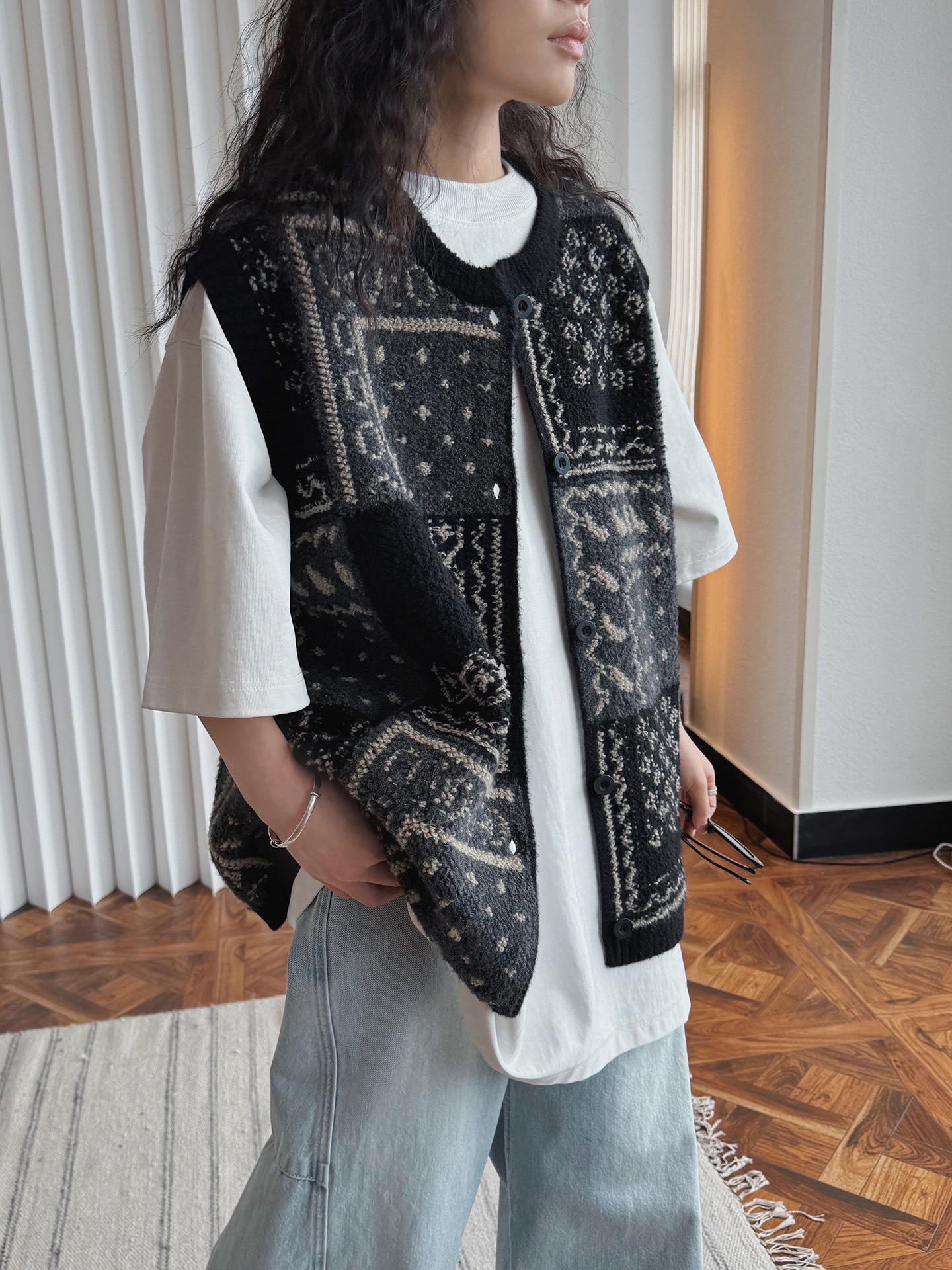 Chaleco de punto jacquard estilo retro para mujer corte oversize_voghion.com