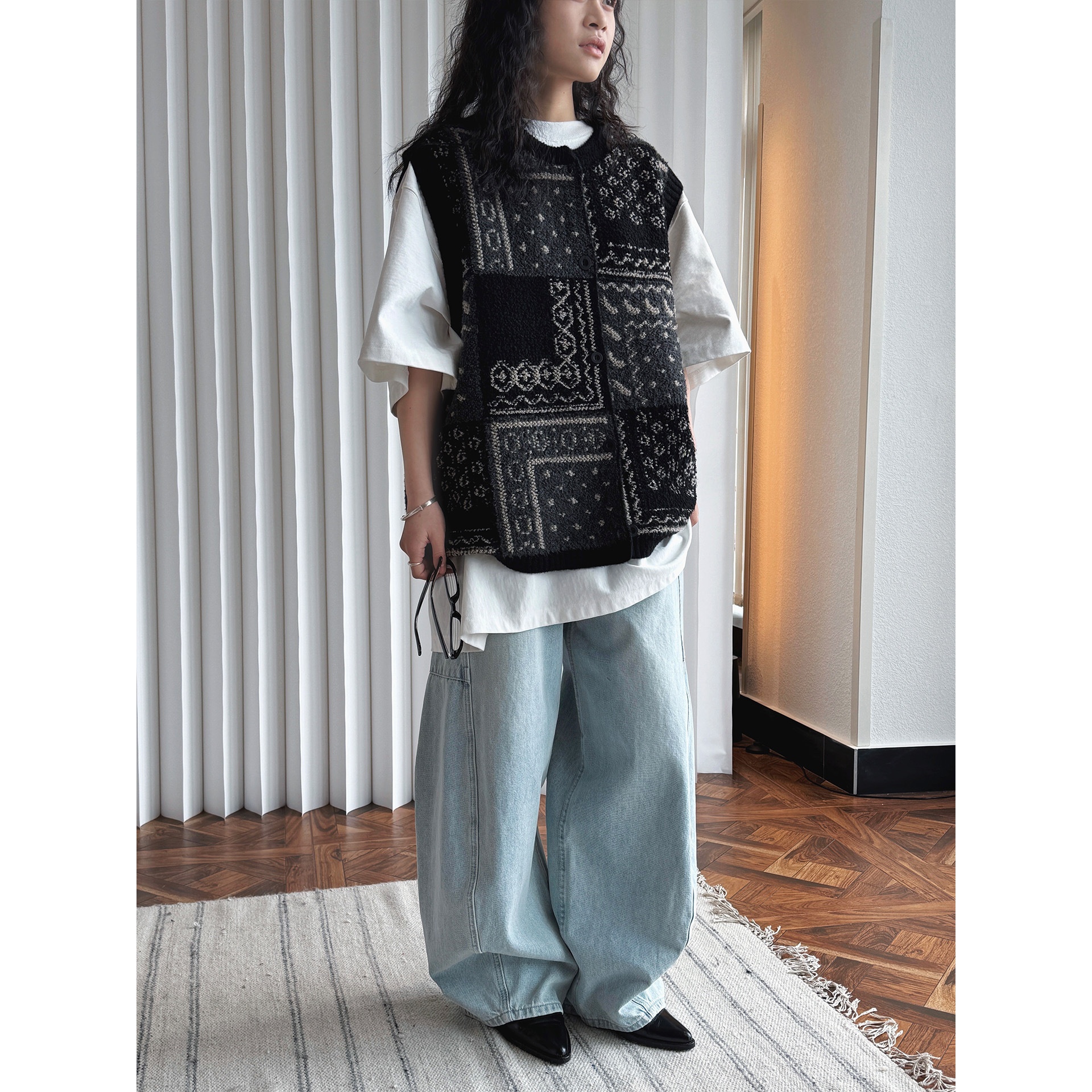 Chaleco de lana gruesa jacquard estilo retro coreano Aria Basics Louvre, nuevo para primavera, top suave y delicado de talla grande para mujer._voghion.com