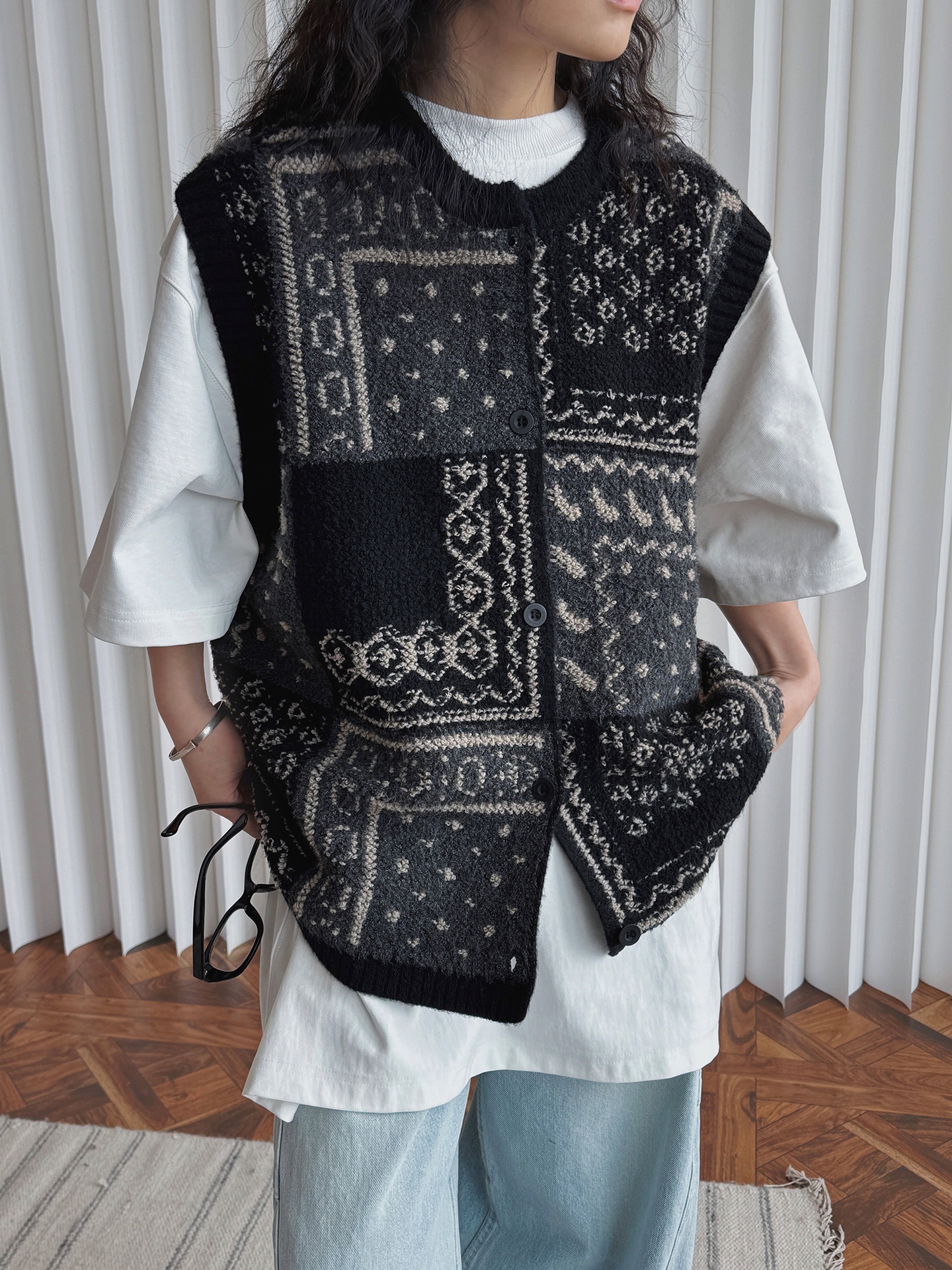 Chaleco de punto jacquard estilo retro para mujer corte oversize_voghion.com