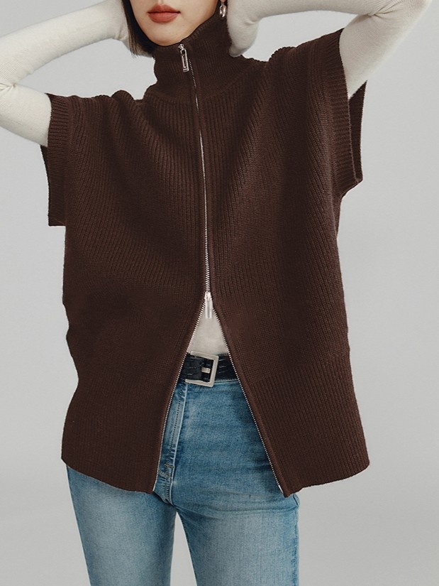 Stickad väst för dam i silke och ull med dragkedja_voghion.com