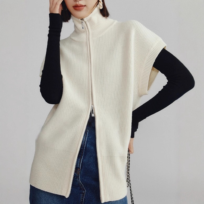 Aria Basics Layering King: Italian Air-shipped Silk-wool Mixed Yarn Double-zipper Loose-fitting High-neck Knitted Vest_voghion.com