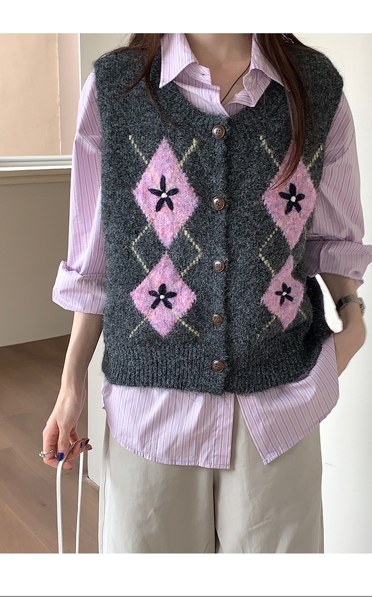 Colete de malha acolchoado vintage Aria Basics para mulheres, outono de 2025, novo estilo coreano, suéter cardigã solto sem mangas._voghion.com