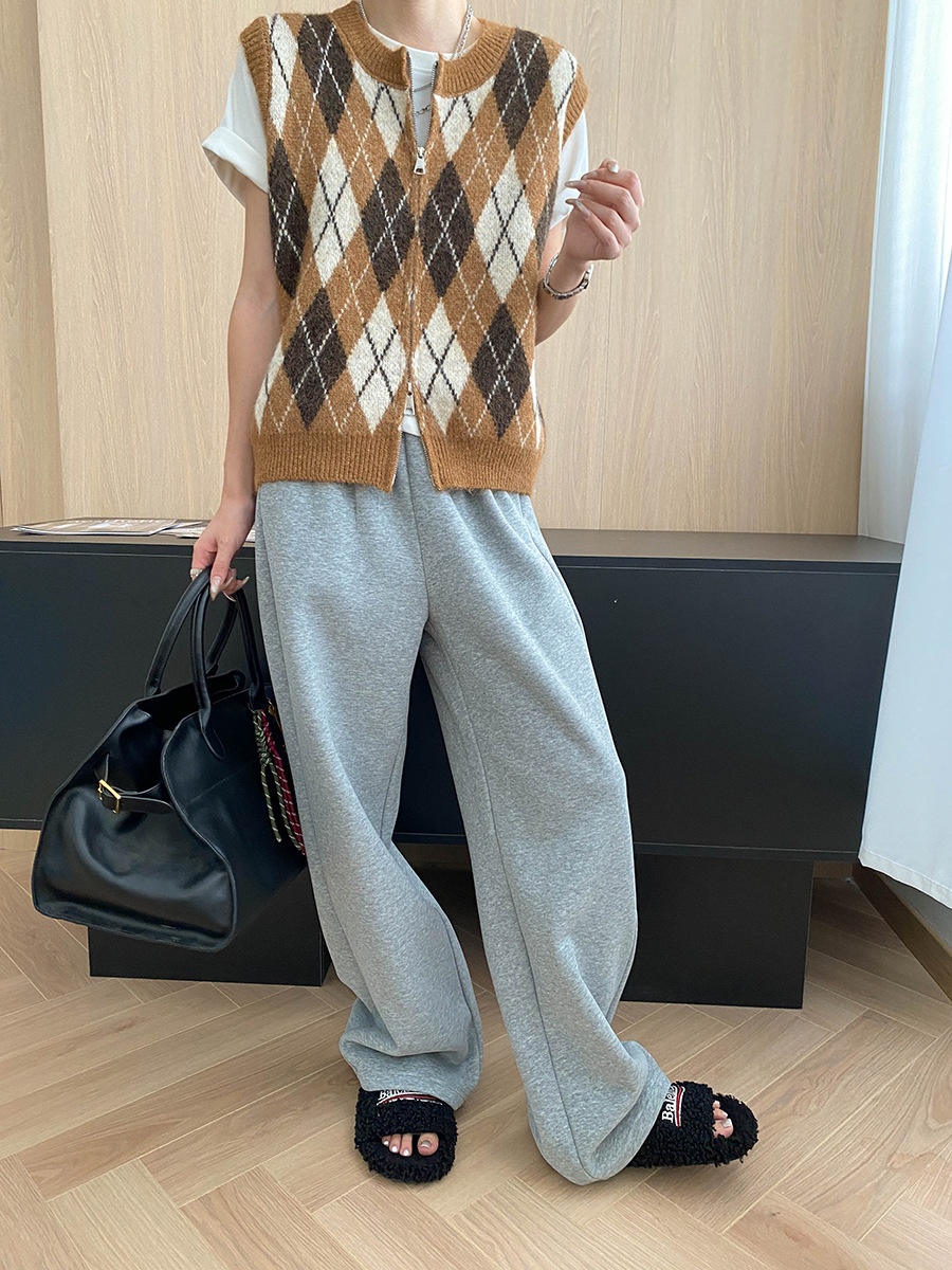 Aria Basics Sinan Vintage Design College Style Color-Block Diamond Pattern Round Neck Double Zipper Knitted Vest SN7857_voghion.com