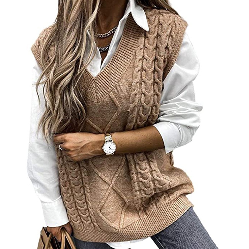 Aria Basics Aria Basics Autumn Wint New Women's Fashion Loose Vest Large V-neck European And Amican Style Sleeveless Cable Knit_voghion.com