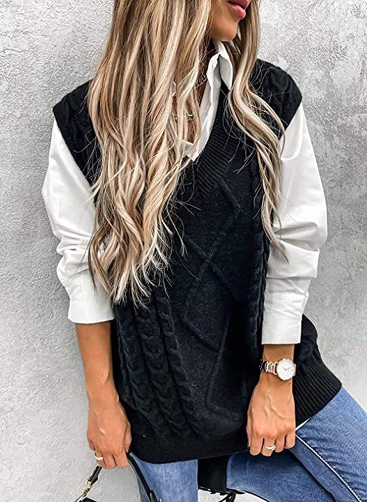 Aria Basics Aria Basics Autumn Wint New Women's Fashion Loose Vest Large V-neck European And Amican Style Sleeveless Cable Knit_voghion.com