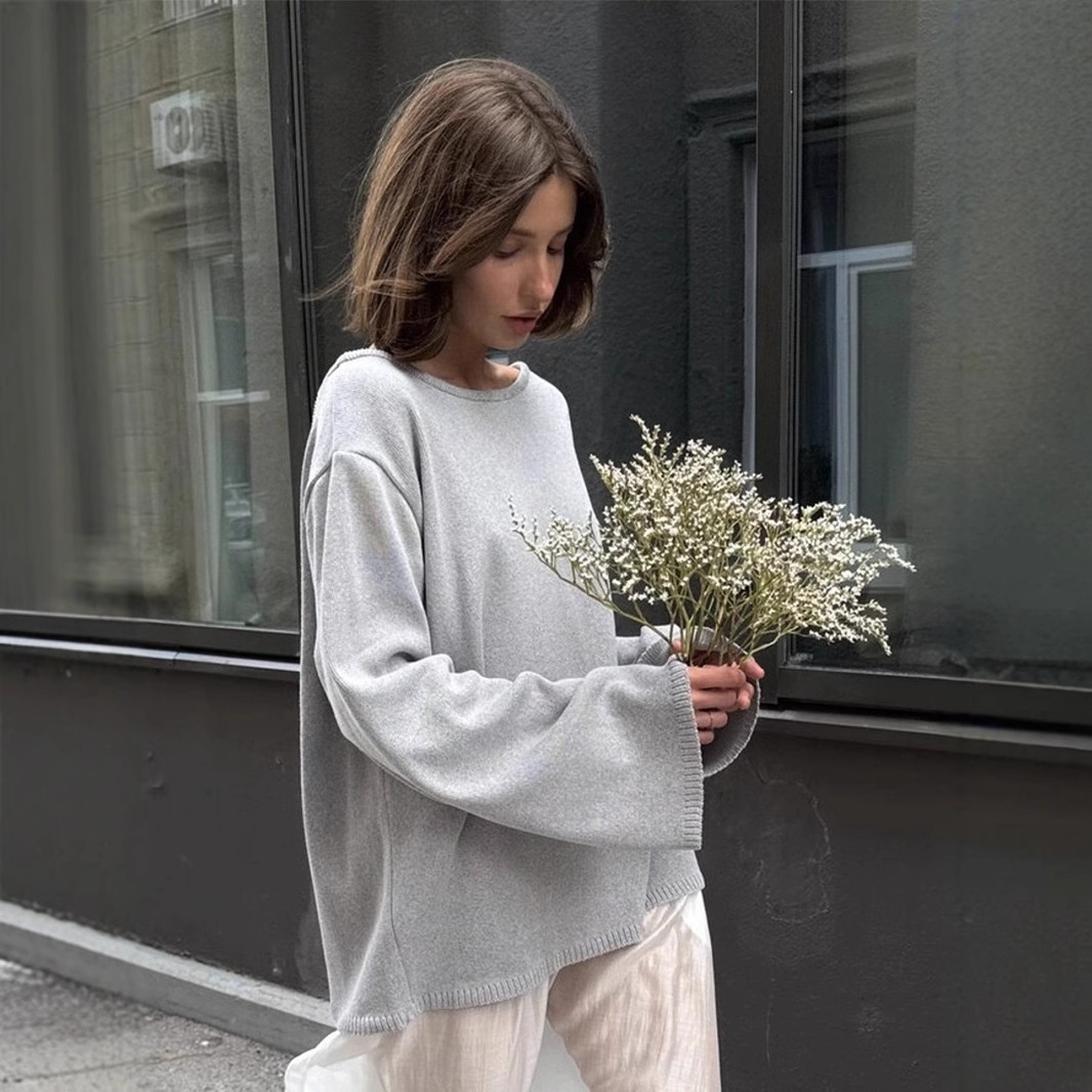 Aria Basics Aria Basics Cross-border Pure Cotton European American 2025 Autumn And Winter New Backless Sweater, Loose Knitted Pullover Sweater_voghion.com