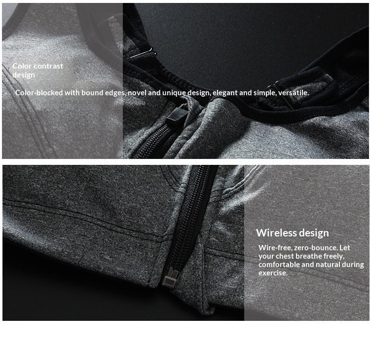 Front Zipper Sports Bra Wireless Shockproof High-strength Support_voghion.com