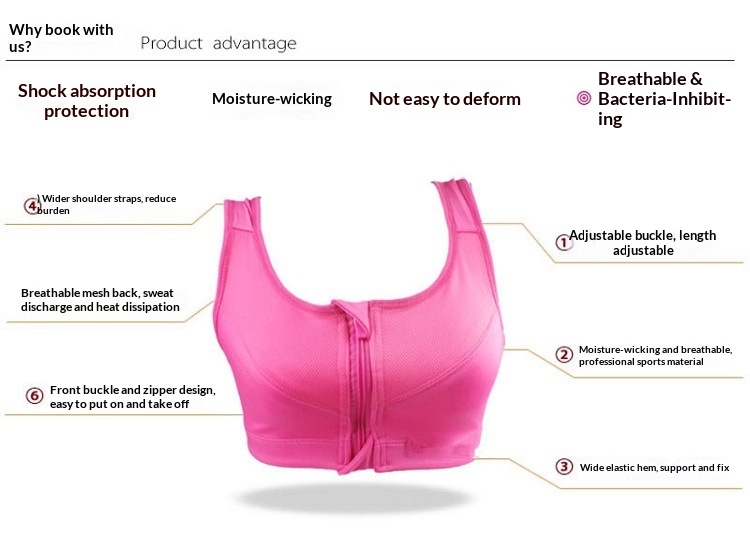 Front Zipper Sports Bra Wireless Shockproof High-strength Support_voghion.com