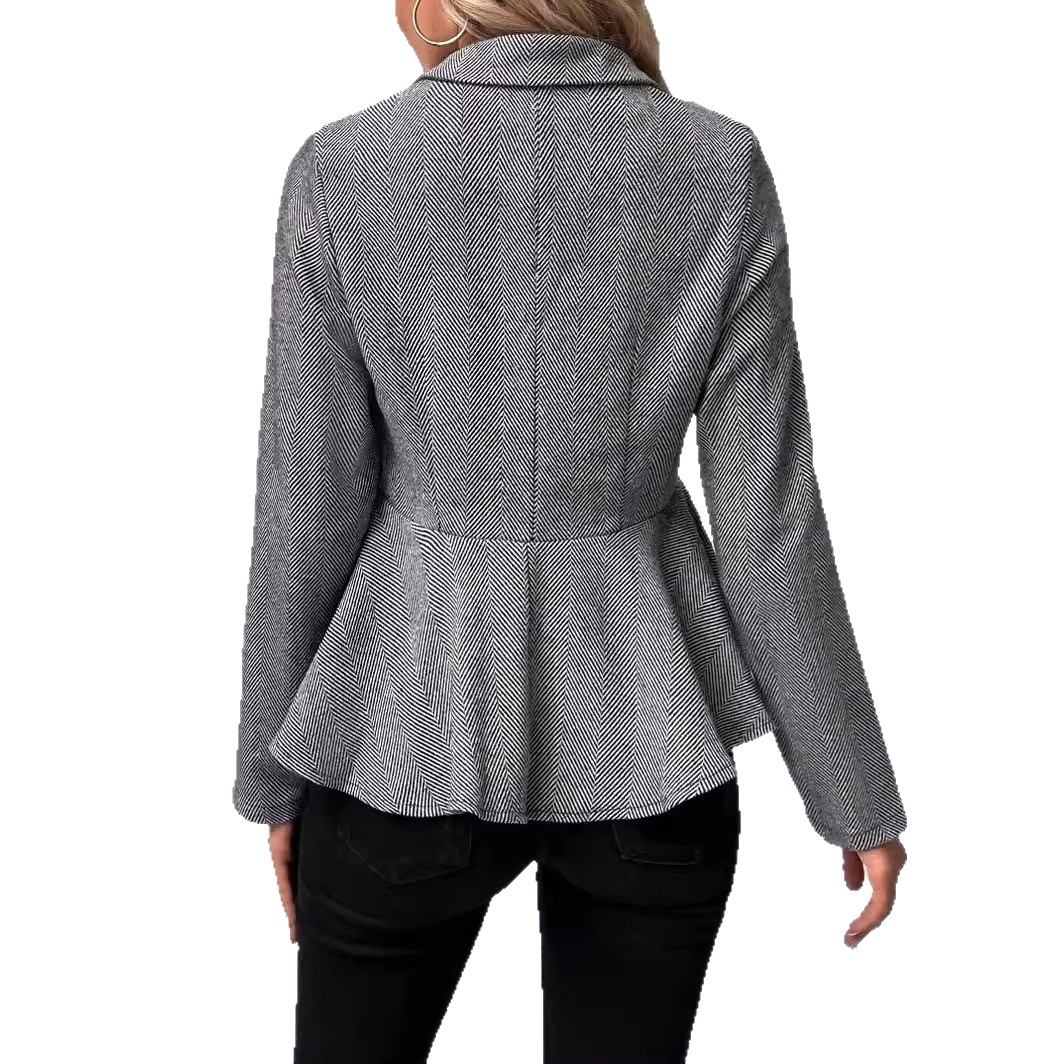 European And American Foreign Trade Cross-Border Women's Clothing Lapel Jacquard Ruffle Slim Double-Breasted Elegant_voghion.com