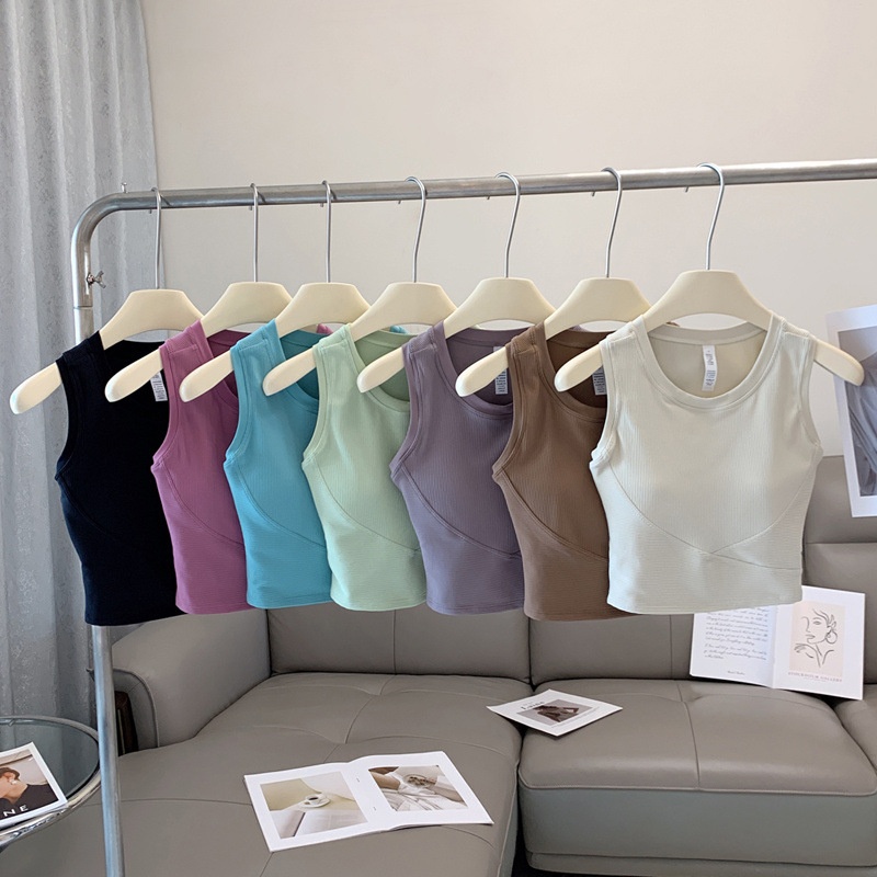 Top de ioga regata de alta qualidade e extremamente confortável com bojo fixo, sutiã esportivo modelador de peça única com design nadador, atacado._voghion.com