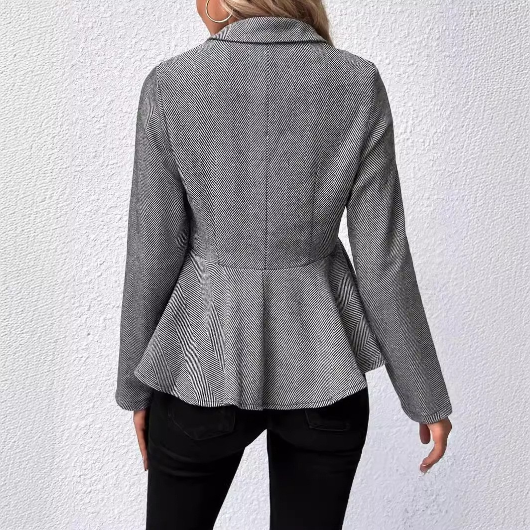 Elegant Women's Double-breasted Jacquard Blazer With Ruffle Trim_voghion.com
