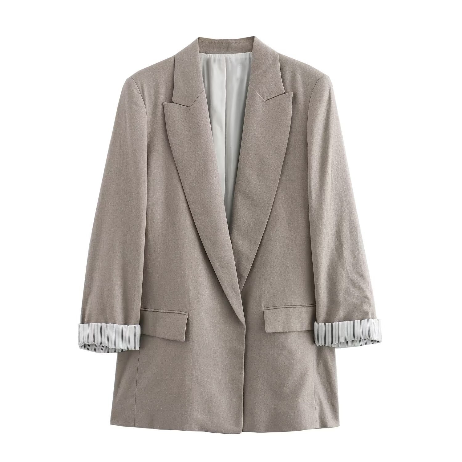 Z Cross-Border European And American Style 2025 New Fashionable Elegant Women's Linen Blend Roll-Sleeve Blazer 2753530_voghion.com