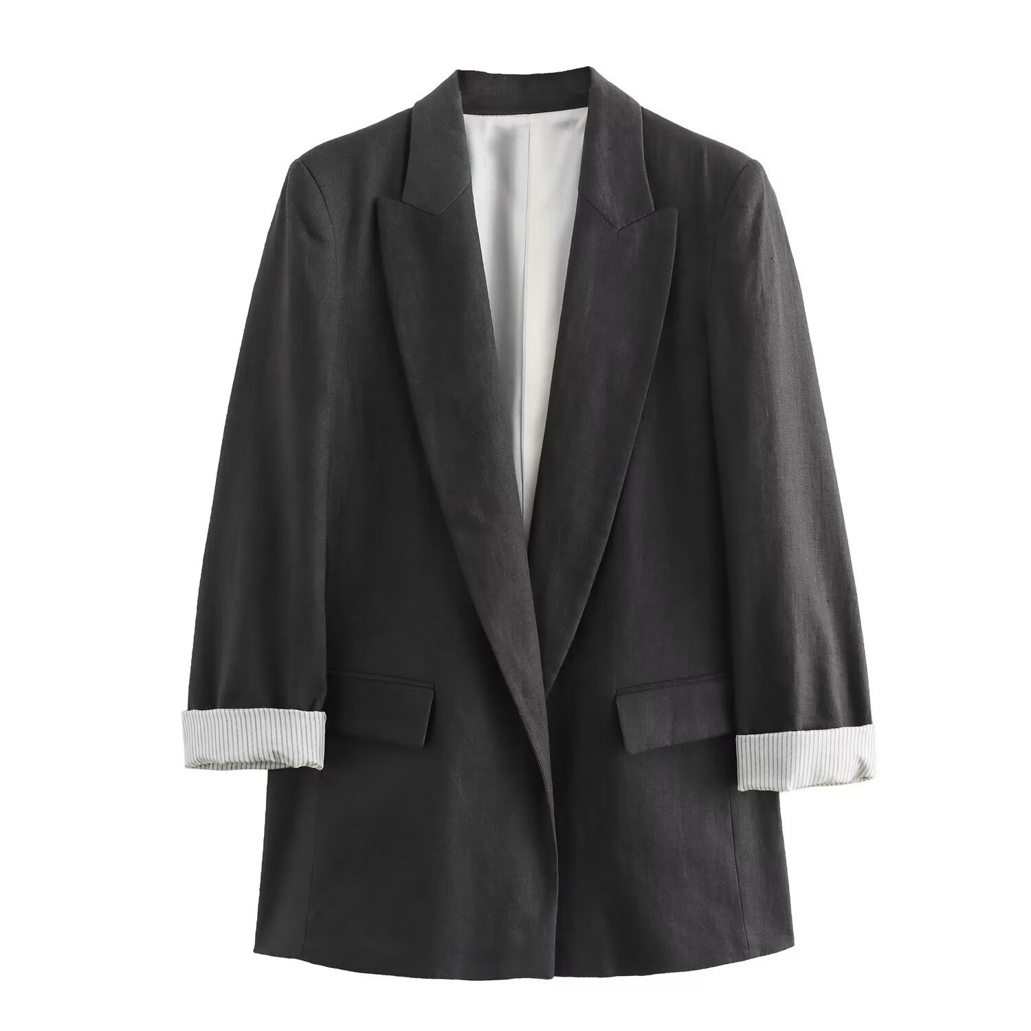 Z Cross-Border European And American Style 2025 New Fashionable Elegant Women's Linen Blend Roll-Sleeve Blazer 2753530_voghion.com