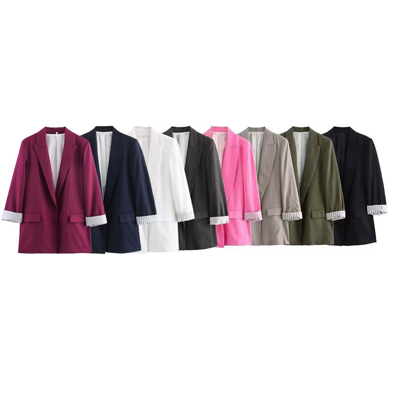 Z Cross-Border European And American Style 2025 New Fashionable Elegant Women's Linen Blend Roll-Sleeve Blazer 2753530_voghion.com