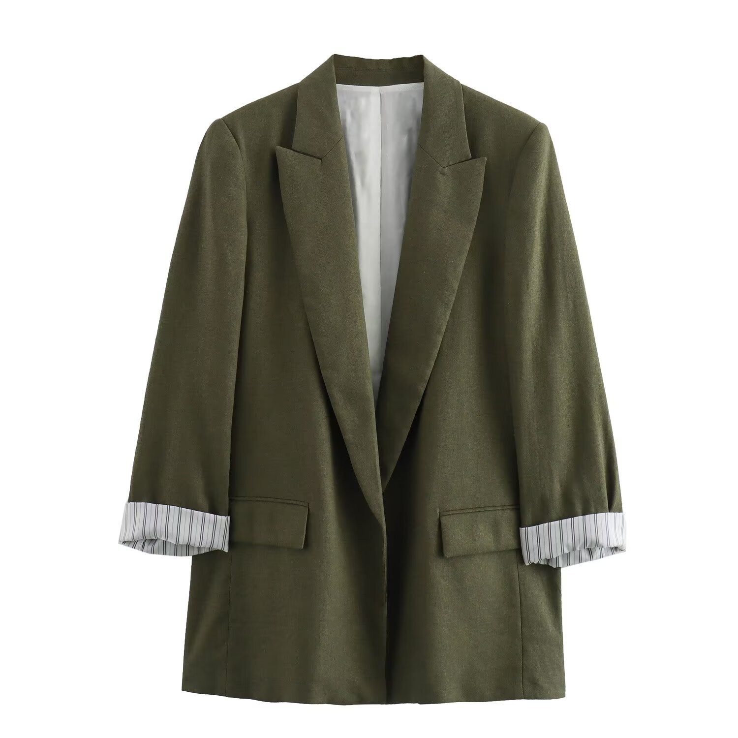 Z Cross-Border European And American Style 2025 New Fashionable Elegant Women's Linen Blend Roll-Sleeve Blazer 2753530_voghion.com
