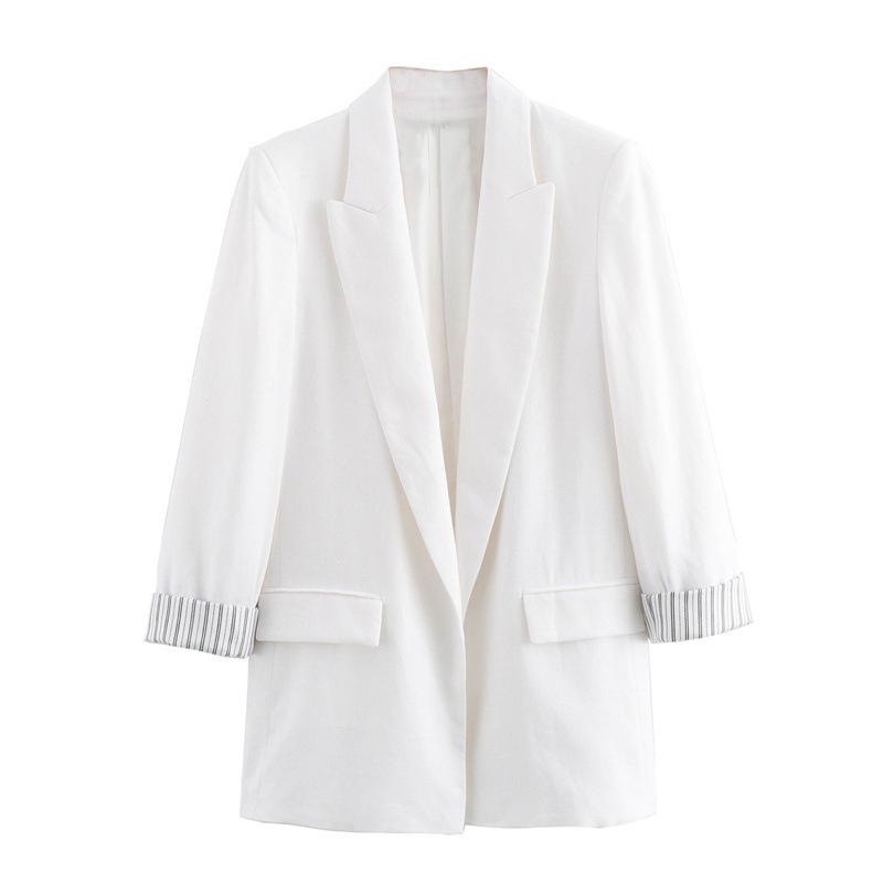 Z Cross-Border European And American Style 2025 New Fashionable Elegant Women's Linen Blend Roll-Sleeve Blazer 2753530_voghion.com