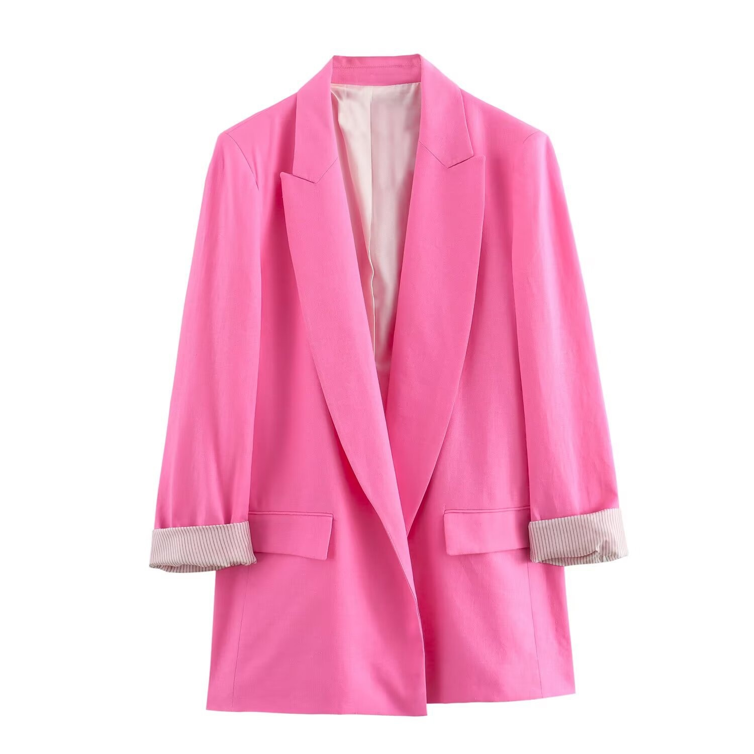 Z Cross-Border European And American Style 2025 New Fashionable Elegant Women's Linen Blend Roll-Sleeve Blazer 2753530_voghion.com