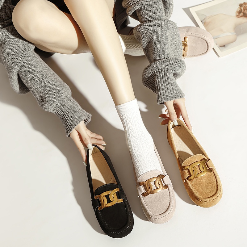 High Quality Women's Metal Buckle Flats 2025 Spring Vintage Flat Loafers Slip-On Leather Shoes Versatile Moccasins_voghion.com